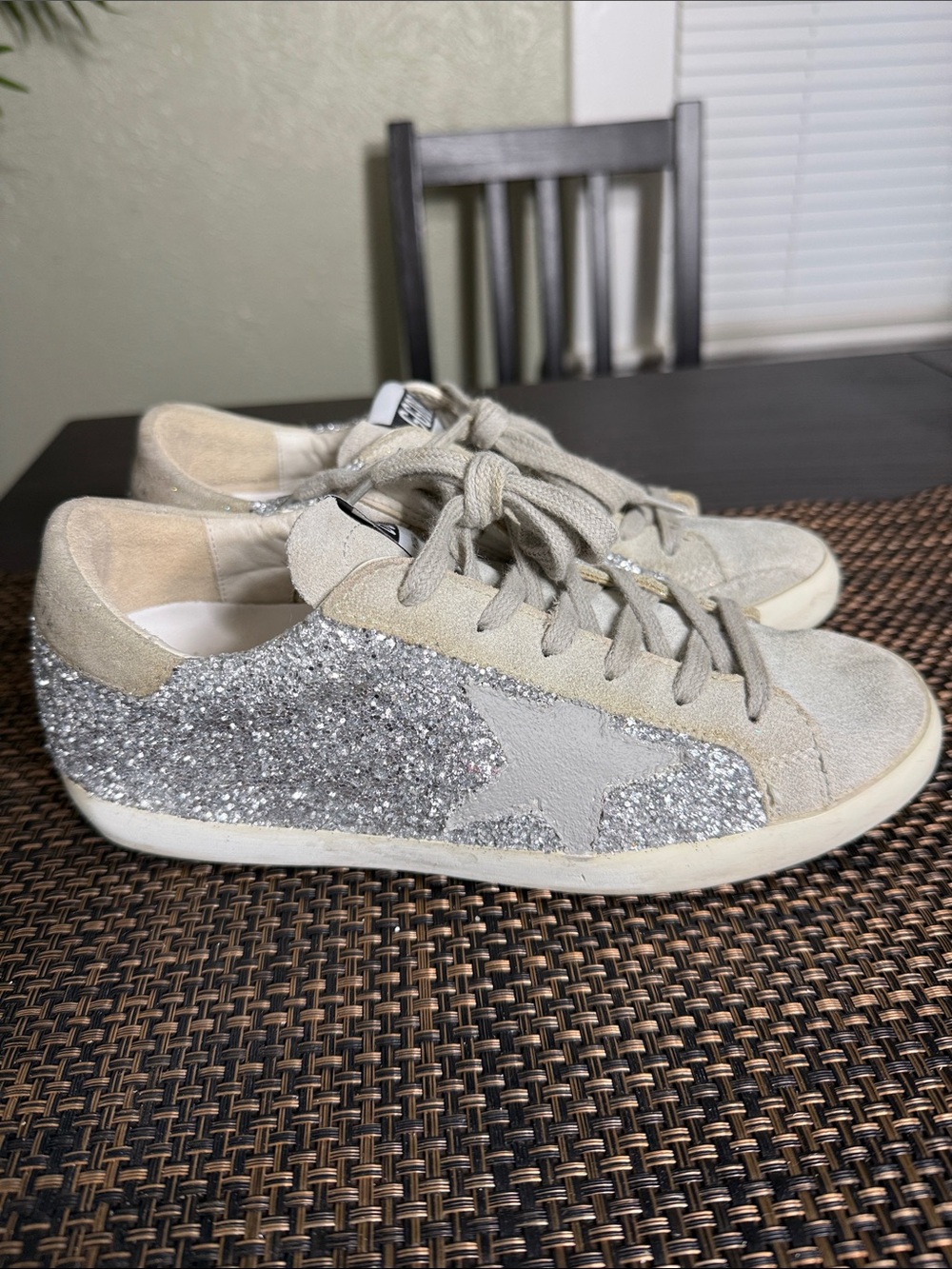 Golden Goose Super-Star Sneakers with Silver Glitter Heel and Beige Suede